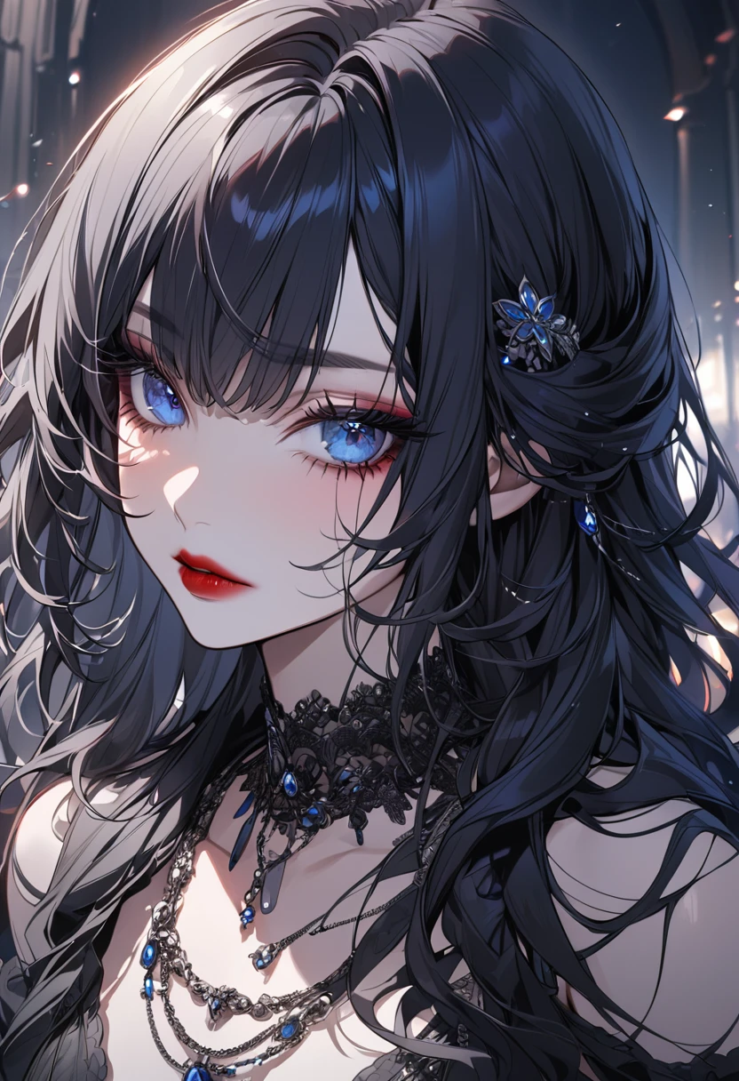 anime girl, dark blue hair, blue eyes, wine red lips, long eyelashes, black necklace on the neck, beautiful, ultra detailed, good quality 