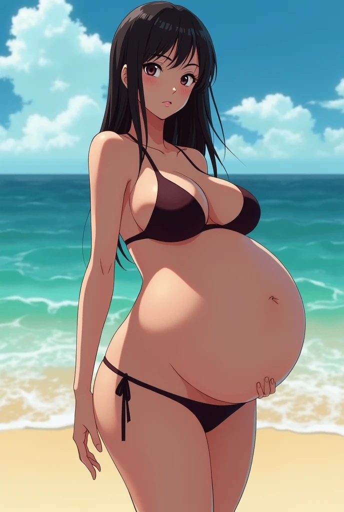 Anime style A woman is wearing an extremely revealing bikini standing there on a beach with a n enormous round, bloated, plump, gurgling, pregnant, vore, belly, her belly has a person squirming inside causing it to be slightly mishapen in a few places, she is staring at the viewer hungrily