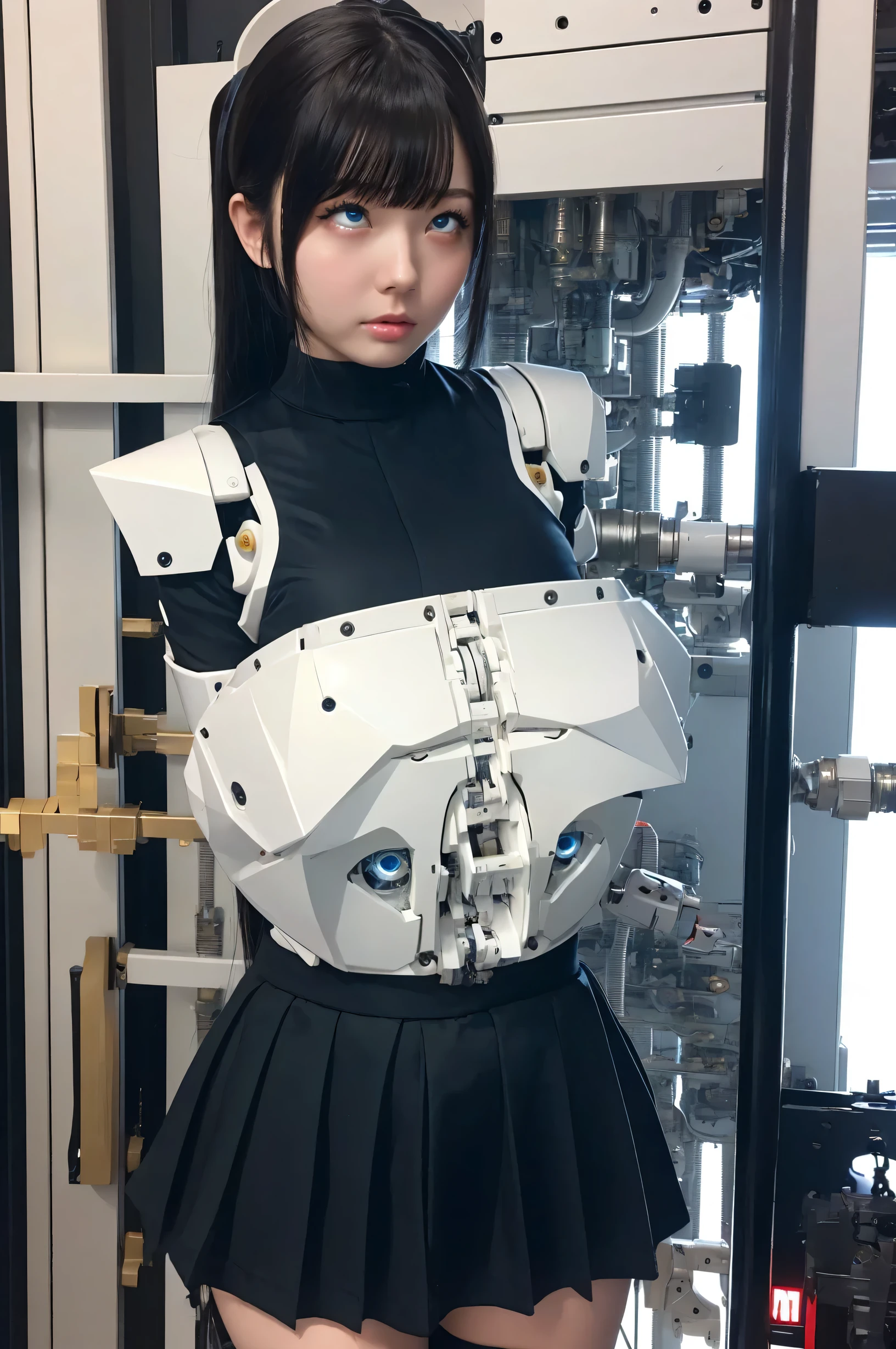 masterpiece, best quality, extremely detailed, Japanese android girl,Plump ,control panels,Mechanical Hand,Robot arms and legs, robot assembly plant,white robot body,blunt bangs,skirt,black knee high socks,blue  eyes,rolling eyes