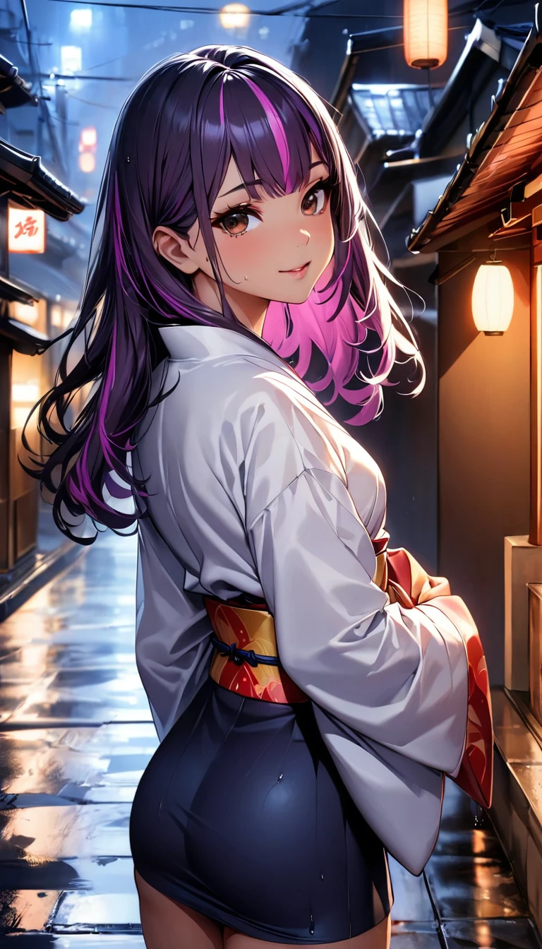 (highest quality:1.2, Very detailed, up to date, Vibrant, Ultra-high resolution, High Contrast, masterpiece:1.2, highest quality, Best aesthetics), Portraiture、girl、((25-years-old:1)), (Japanese kimono:1.3), (holding umbrella:1), Bright colors、Beautiful fine details、Beautiful lip detail, long hair、black and purple ((streaked hair:1.6)), highlights hair: 1.5, brown eyes, ((slim body:1.4)), (small breast:0.7), (dark skin:0.5),rainy day, night, street in Kyoto, wet street, looking back, (cowboy shot),