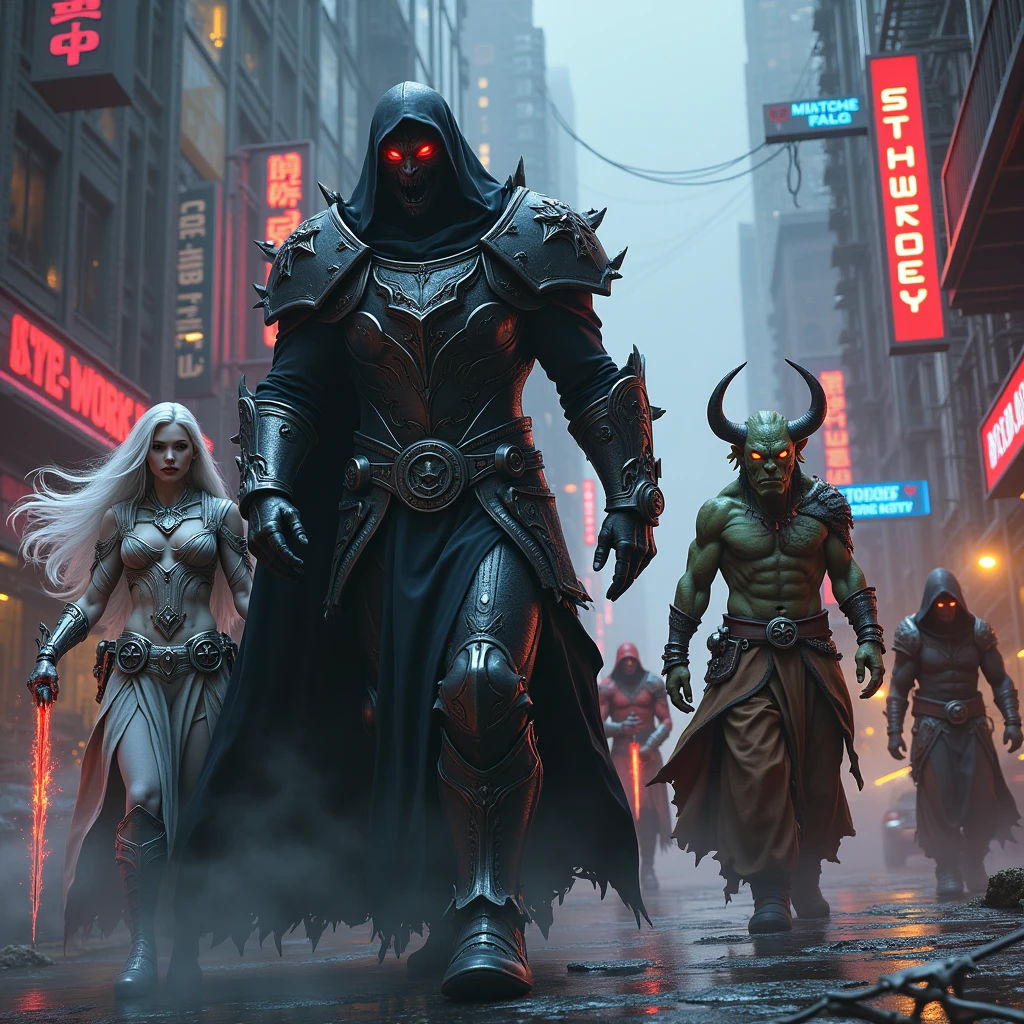 zombies walking down a street in a city at night, in screenshot from the 300 movie, winter concept art, black fog, matte painting of steam machines, riot shields, pale blue faces, still from a music video, in a storm, twelve arms, inspired by Jan Zrzavý, discord --auto --s2