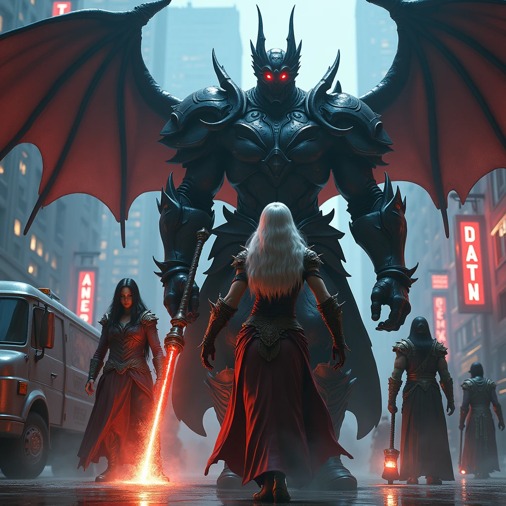 A heavily armored vampire spawn, clad in blackened steel with glowing red eyes, next to a group of diverse characters: an intricately robed elf wizard with ethereal arcane powers, her silver hair flowing as she channels a radiant spell; a rugged half-orc warrior with a massive enchanted warhammer, his green skin contrasted by the glow of his runic tattoos; a cunning Tiefling rogue with horns and a tail, her eyes glinting with mischief as she manipulates shadow magic; a dragonborn cleric with shimmering scales, invoking divine powers through a glowing staff. They are positioned around an armored truck and a van for cash pick up and delivery in a fantasy cyberpunk atmosphere, where neon lights meet ancient magic. The scene is filled with metallic textures, highly detailed armor, glowing magical effects, and a rich color palette. Dramatic lighting casts dynamic shadows, captured from a low-angle, cinematic composition. ((best quality, 8k, hyper realistic, photorealistic, cinematic, ultra-detailed, extremely detailed:1.2))