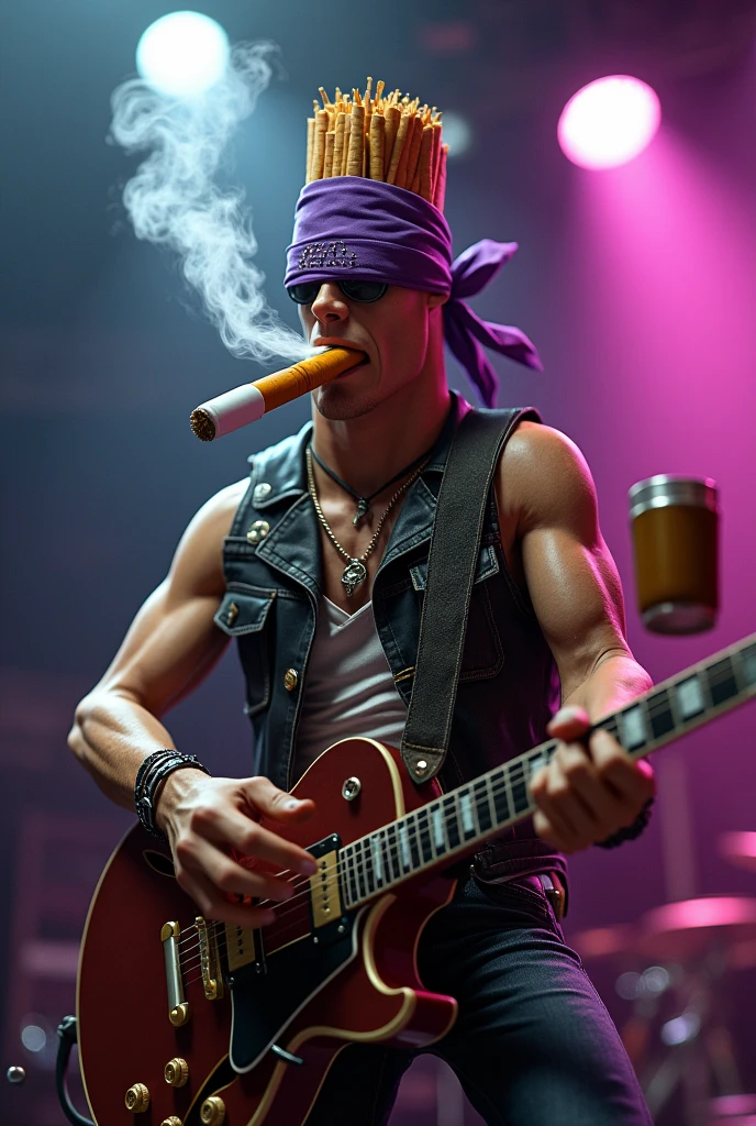 Generate a single cigarette of white and blonde tobacco with a body and with a violet bandana on his forehead, and that he is playing rock with a guitar in a concert while also smoking a cigarette and drinking whiskey.