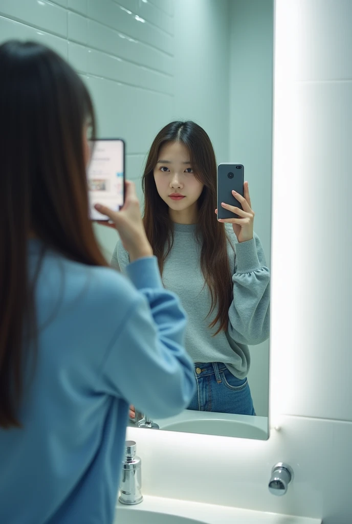 A modern mongolian girl taking a selfie in a clean public bathrooms mirror