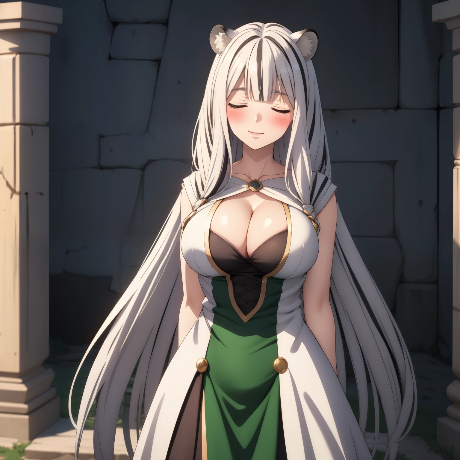 Atlas Fayon woman 40 years old, white hair with black stripes ,white tiger ears, closed eyes, mujer ciega con closed eyes, happy expression. trust. blush,  Pale skin, big breasts, dressed as a green Greek goddess,  goddess cosplay . I am standing by some Roman ruins. big breasts.