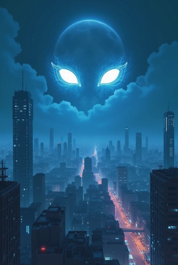 I wanted something like the Japanese cyberpunk cities in the background, like a moon crater and two feminine eyes on the horizon above the city but that at night, the same way, just highlighting the eyes a little more, as if they were the eyes of white girls. I WANT THE CITY IN THE BACKGROUND, IN THE PLACE OF THE SUN, On the plain (ground place) I WANT THE CLOUDS, makes the eyes more beautiful and detailed , no need for a nose, I ONLY WANT THE EYES EXTREMELY AT NIGHT, moonligh, moonligh, blue colored eyes