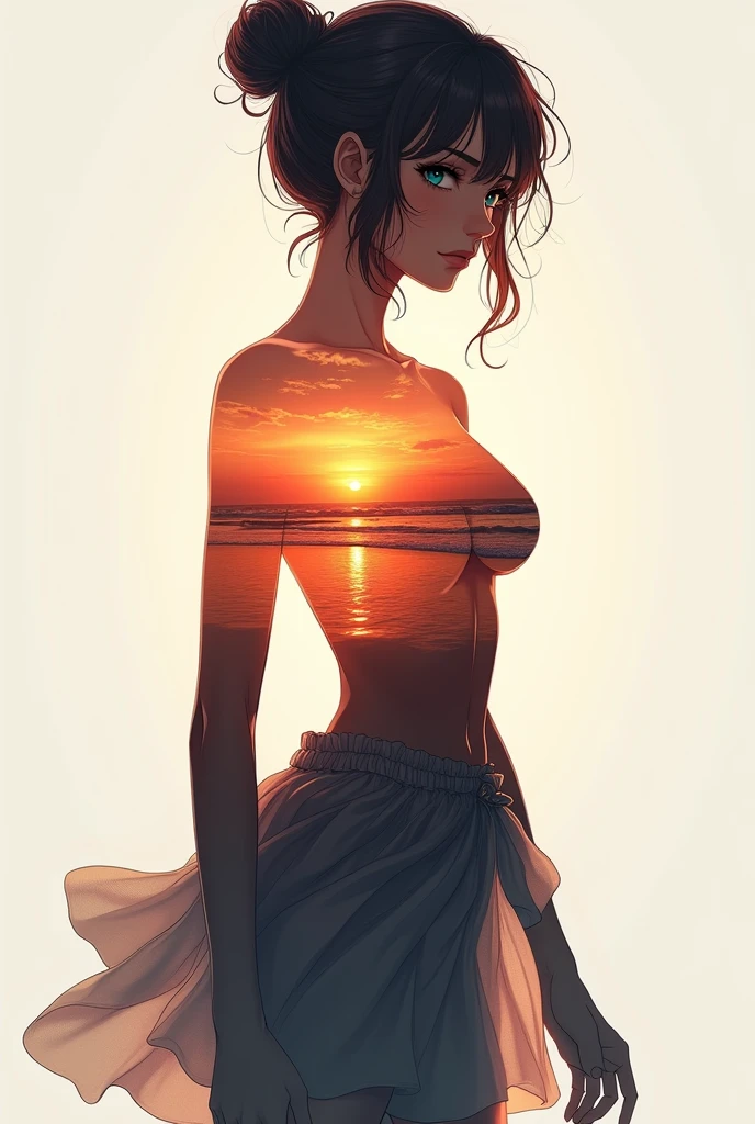 high quality, 8K Ultra HD, A beautiful double exposure that combines an goddess silhouette with sunset coast, sunset coast should serve as the underlying backdrop, with its details incorporated into the goddess , crisp lines, The background is monochrome, sharp focus, double exposure, by yukisakura, awesome full color,nsfw, (masterpiece:1.3), best quality:1.4, detailed unity 8k wallpaper, highres, absurdres:1.2, depth of field:1.3, perfect lighting, cinematic shadows, highly detailed background, BREAK (super-perfect anatomy head face limbs arms hands fingers legs:1.3), BREAK (super-beautiful-detailed 1mother attractive-body gigantic-round-breasts erect-nipples nose character-design hair face eyes long-eyelashes), solo, BREAK auntjunev3, single hair bun, bangs, messy hair,brown hair,Blue Eyes, skirt, brown hair, sleeveless, bag, shirt, floral print skirt, bare shoulders, pink bra, sheer pink panties, short hair, happiness, smile, sweaty, open legs, sheer panties, looking at viewer, POV