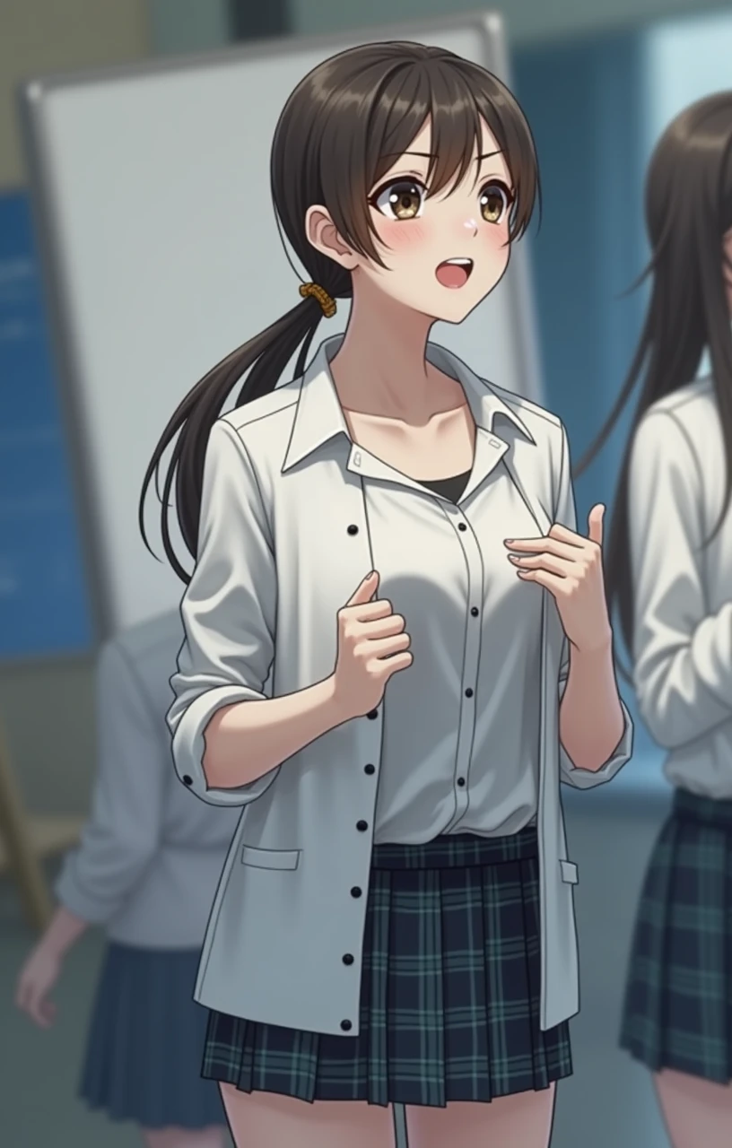 masterpiece, Highest quality, 8k, Young and beautiful, Baby Face、Clothed Big Tits、((((((10 years old)))))),((Large Breasts:1.3)), photo shoot, Cute Face, Thighs, classroom, Embarrassing、smile、 compensate, 10 generations, Detailed face, Background blur、Long Hair、Black Hair、Tight waist,((school uniform、White shirt、Checked mini skirt))、Black knee-high socks