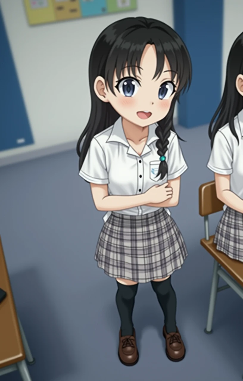 masterpiece, Highest quality, 8k, Young and beautiful, Baby Face、Clothed Big Tits、((((((10 years old)))))),((Large Breasts:1.3)), photo shoot, Cute Face, Thighs, classroom, Embarrassing、smile、 compensate, 10 generations, Detailed face, Background blur、Long Hair、Black Hair、Tight waist,((school uniform、White shirt、Checked mini skirt))、Black knee-high socks