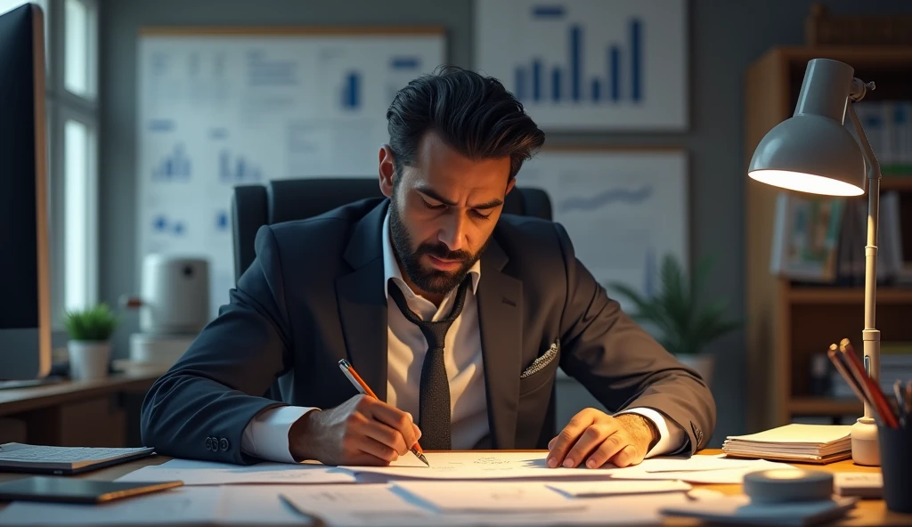Amit is seen working meticulously at his desk, surrounded by charts, graphs, and business plans. He is focused, writing notes, and carefully planning his next steps. The room is well-organized, reflecting his methodical approach.