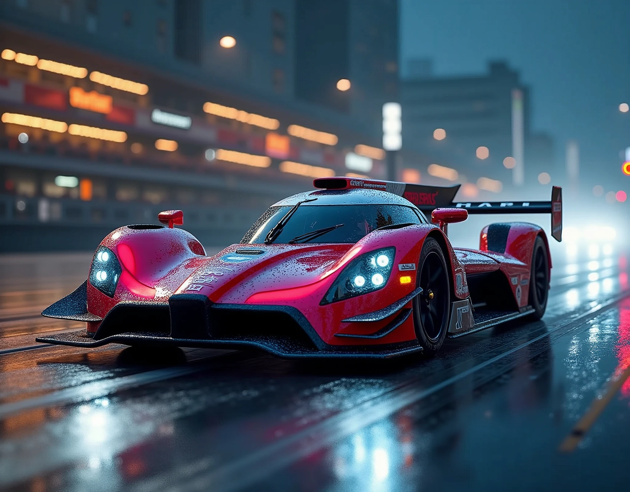 A modern racing car, sleek and vibrant, positioned on a wet road as if in motion, speed emphasized by headlights' streaks of light. The ambient lighting highlights the car's contours. In the background, subtle suggestions of an ongoing race or nighttime drive blur into darkness. The focus is solely on the vehicle, its design, and surroundings, with no people visible.