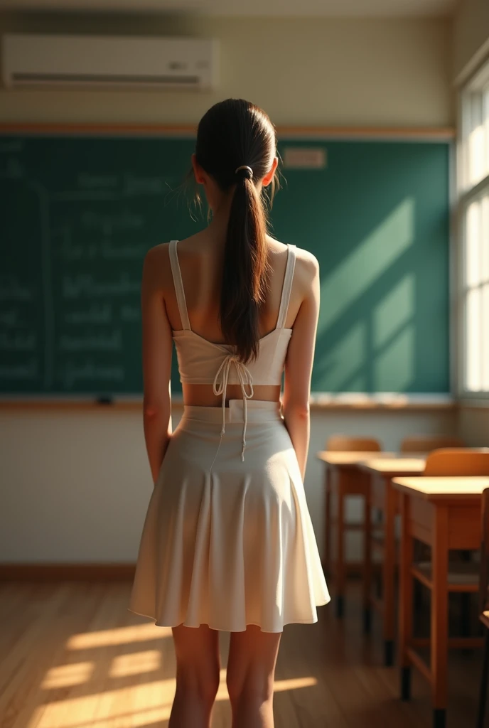 masterpiece,Highest quality,(Ultra high definition,8K Photo Wallpaper),(Highest quality),Physical Rendering,A female teacher standing in front of a blackboard in a high school classroom,ノースリーブシャツに黒のペンシルskirt,Backwards,The arm hair is shining in the half-backlight.,パンティラインが分かるほどskirtが密着している,Students are sitting on the chairs in the student room.,See-through,The thong is transparent,skirt,