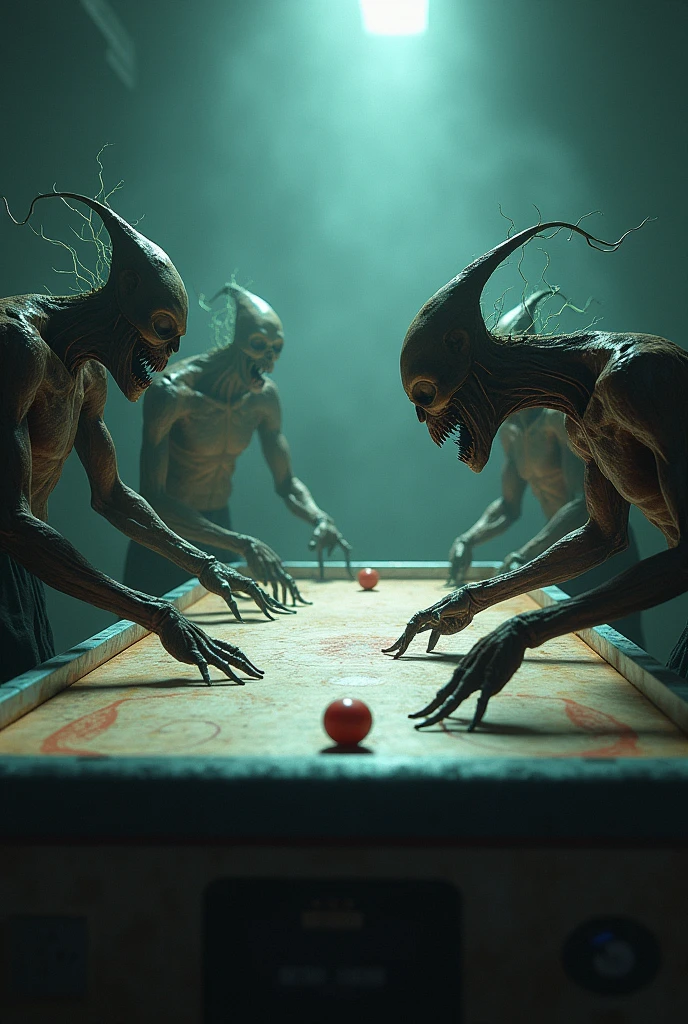Full-body horror characters playing air hockey