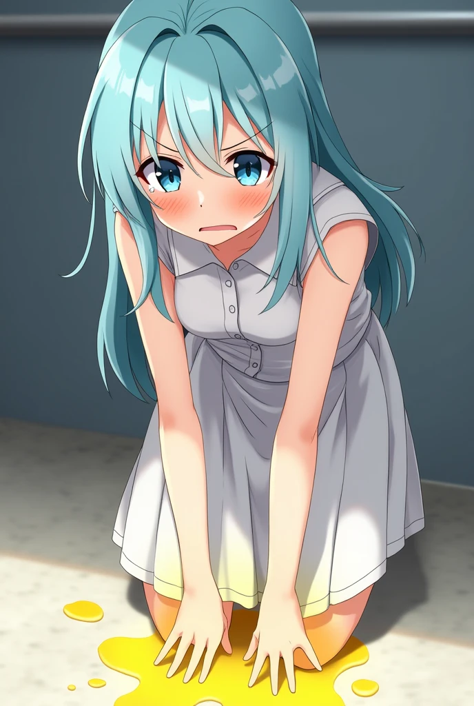 Peeing self, Have to pee, Anime, looking at camera, embarrassed, blush, peeing, yellow pee, tears, crying, out of breath, sweating, blue eyes, cyan hair, one girl, Eirika fe, white skirt, a spot of yellow urine in the pool, а spot of yellow urine in the pool water, yellow urine flows from the perineum