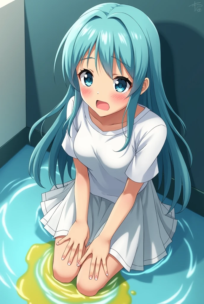 Peeing self, Have to pee, Anime, looking at camera, embarrassed, blush, peeing, yellow pee, tears, crying, out of breath, sweating, blue eyes, cyan hair, one girl, Eirika fe, white skirt, a spot of yellow urine in the pool, а spot of yellow urine in the pool water, yellow urine flows from the perineum