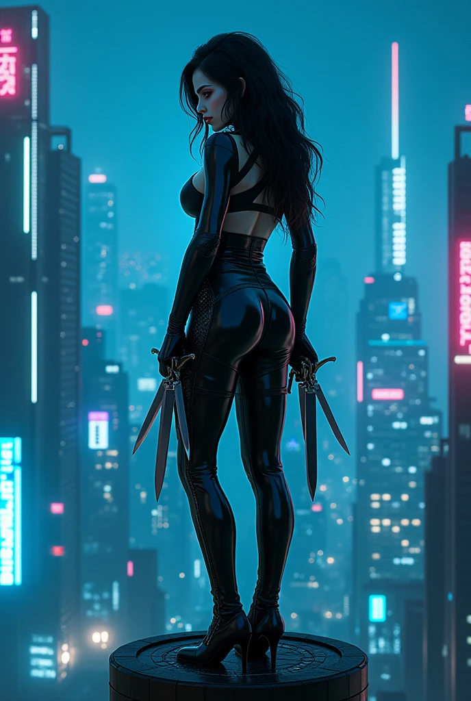 Une femme vampire assassin avec des rondeur tenue de ninja remplit de couteau avec des bottes et pantalon en cuir et flechettes poser sur une tour la nuit dans une ville de technologie en bleue