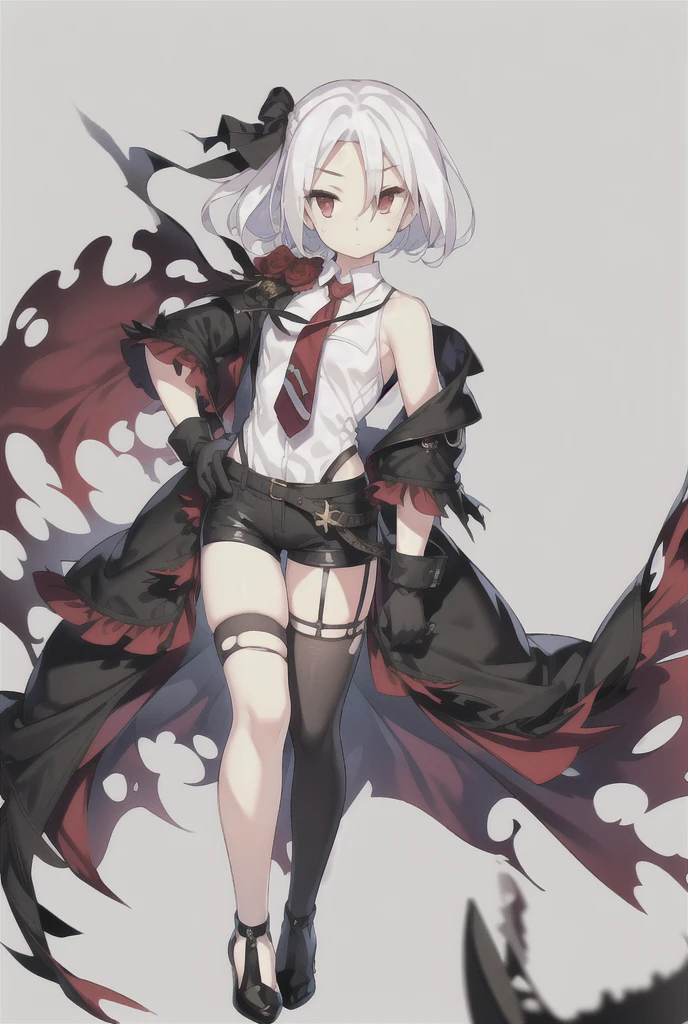 Vittorio_Veneto \(warship girls r\),((masterpiece)),(((best quality))),((ultra-detailed)),((illustration)),((disheveled hair)),((frills)),(1 girl),(solo),1girl, animal, armpits, bangs, bare shoulders, black bow, black footwear, black gloves, black legwear, black skirt, bow, braid, breasts, burnt clothes, cat, chair, closed mouth, collared shirt, cup, damaged, dog, eyebrows visible through hair, floating hair, full body, gloves, gradient, ***, hair bow, hair ribbon, hand on hip, high heels, holding, holding cup, jacket, short hair, long sleeves, looking at viewer, necktie, red eyes, ribbon, saucer, shirt, shoes, sidelocks, skindentation, skirt, sleeveless shirt, solo, standing, striped, teacup, thighhighs, thighs, torn bike shorts, torn cape, torn clothes, torn dress, torn gloves, torn jacket, torn legwear, torn leotard, torn pants, torn shirt, torn shorts, torn skirt, torn sleeves, torn swimsuit, white hair, white shirt