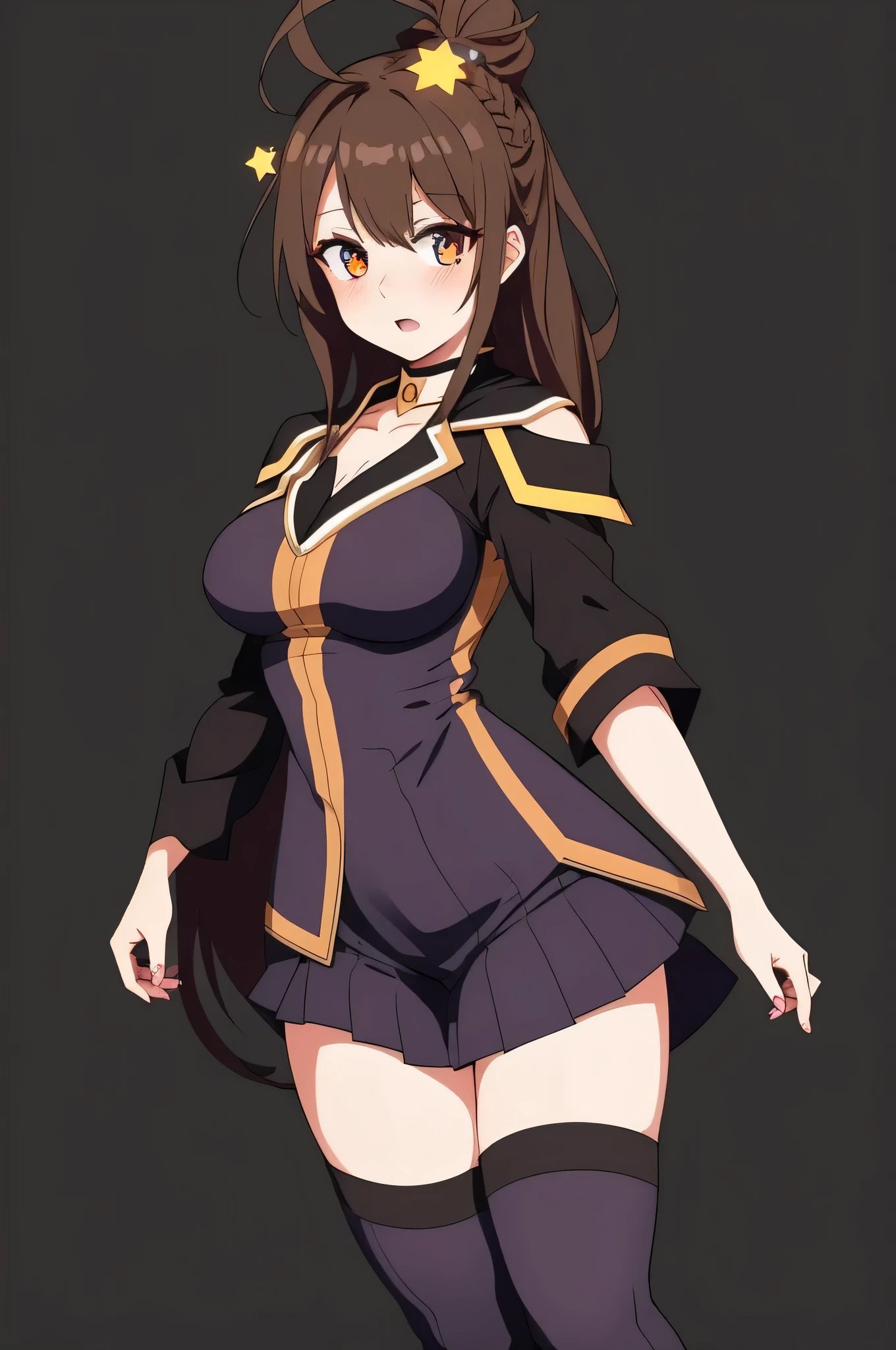 all intricate details, full body, a female anime anime character with large expressive eyes and black hair in a dark purple outfit, 1girl view, solo, virtual youtuber, ahoge, green eye, heterochromia, brown eye, open mouth, white background, breasts, simple background, braid, brown hair, upper body, hair ornament, looking at viewer, symbol-shaped pupils, star (symbol), blush, (wiz konosuba outfit),Wiz, brown hair, golden eyes, lich robes, purple lich robes, boots, hair over eye