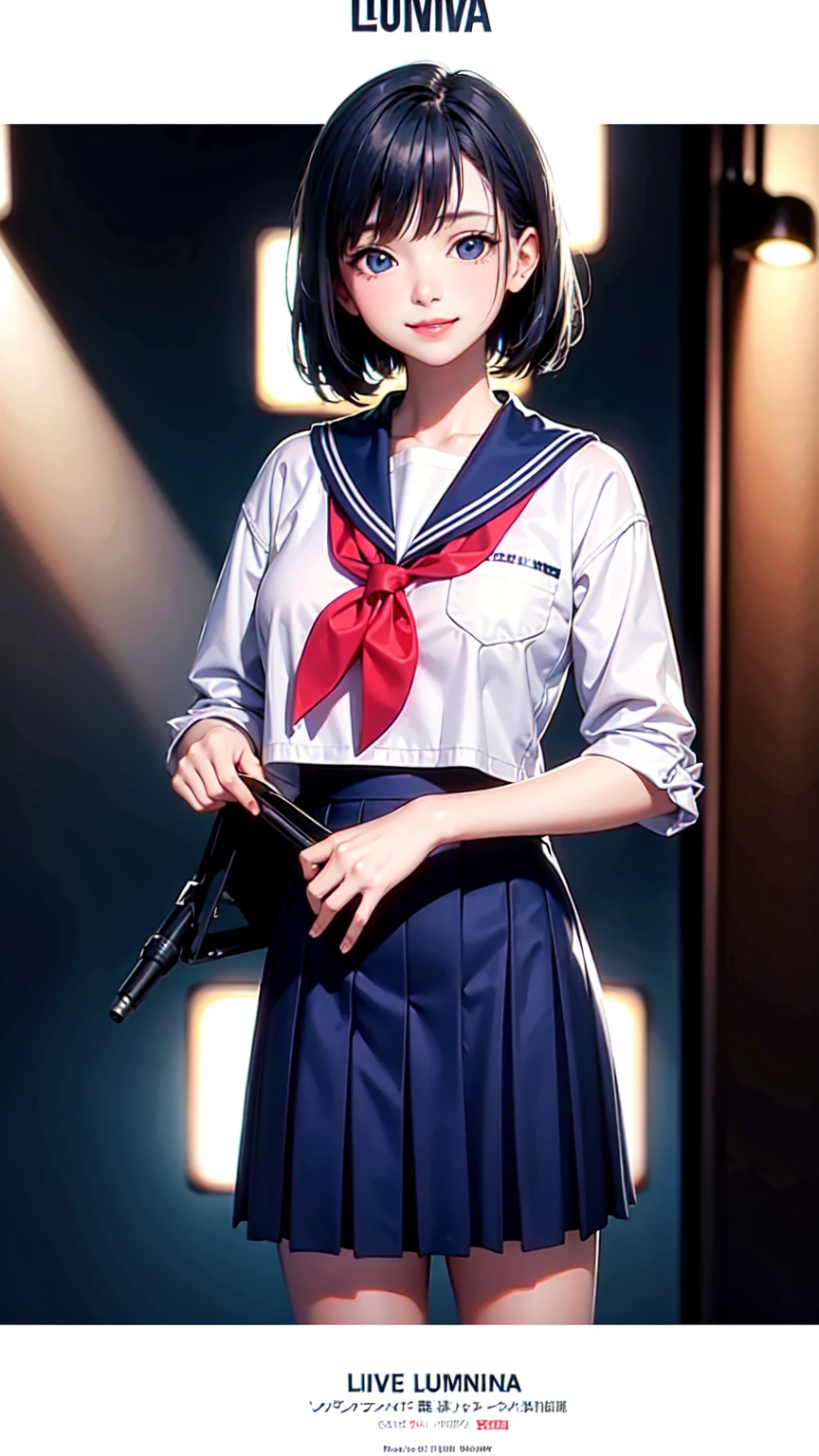 Ultramarine short bob high school girl,Blue eyes,smile,Live Announcement Poster,Poster with logo"Lumina Live",Pause,Sailor suit,blazer,microphone,Spotlight,Bust Shot