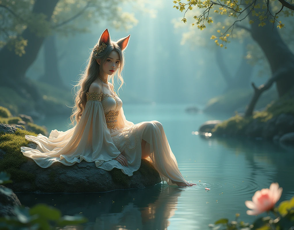 photo of a girl in a costume sitting on the rock behind the pond, mystery landscape, a beautiful fox lady, by Yang J, beautiful young catgirl, attractive Fox girl, very beautiful cute foxgirl, fantasy art style, artwork in the style of guweiz, by Fan Qi, a beautiful kitsune woman, guweiz, the style of wlop, trending on cgstation, realistic style, fantasy lighting,
