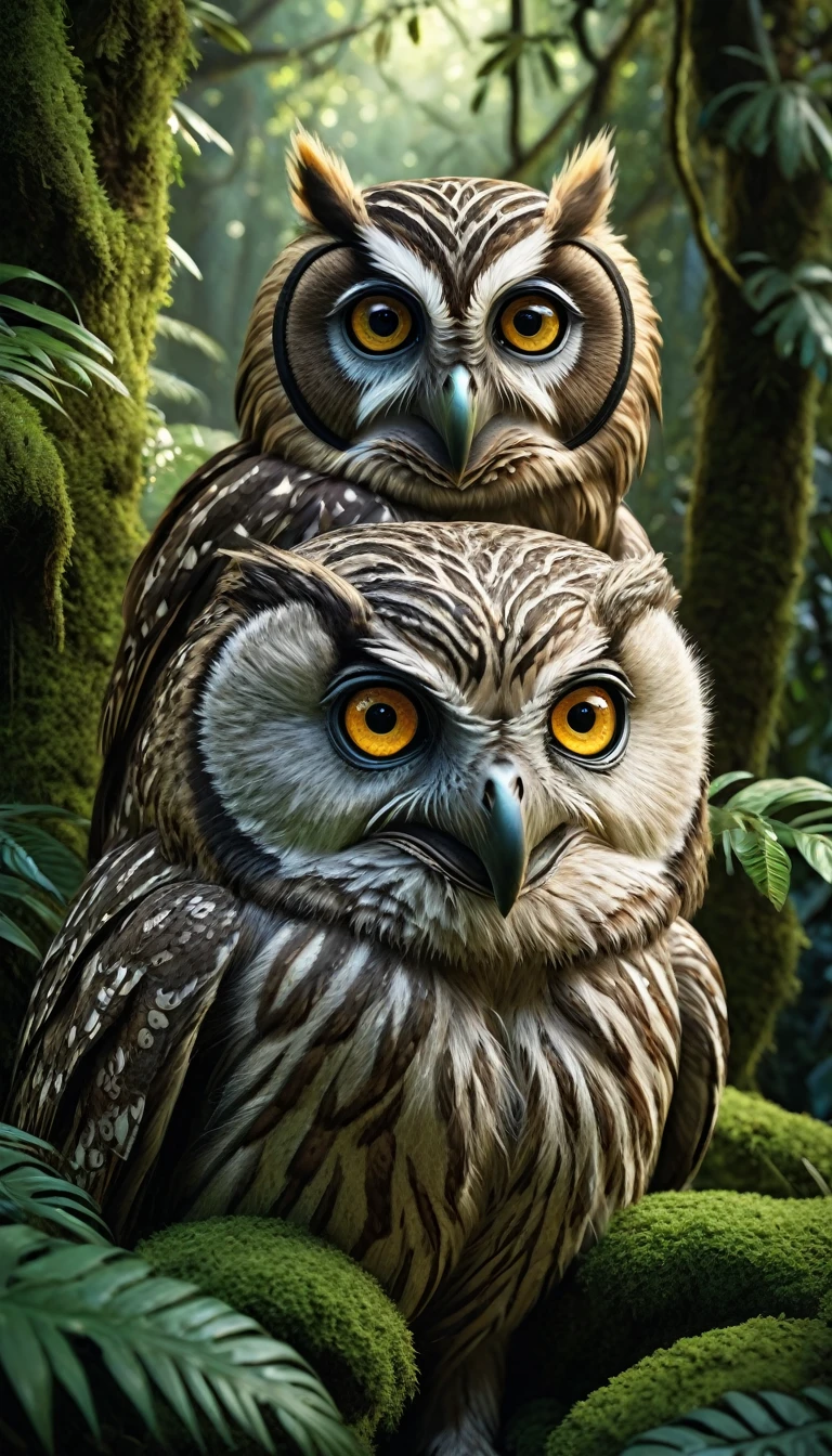 a surreal creature with four eyes of a monkey and the body of an owl, in a lush forest, (best quality, 4k, 8k, highres, masterpiece:1.2), ultra-detailed, (realistic, photorealistic, photo-realistic:1.37), highly detailed animal, intricate patterns, realistic lighting