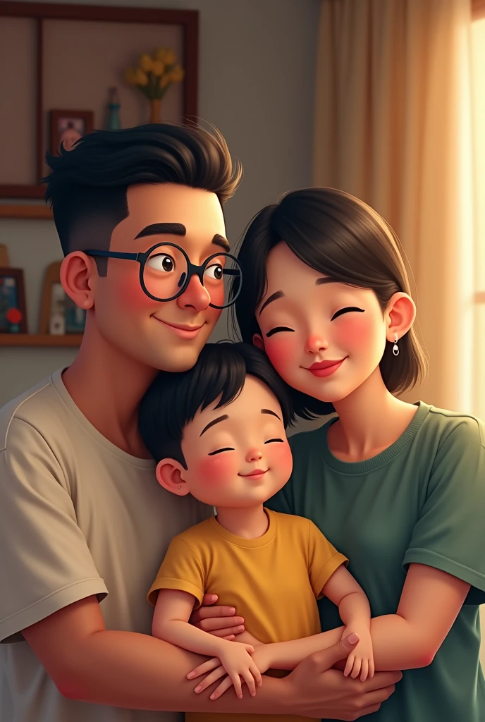 A loving family.
El papá tiene 34 años es alto medium complexion , Brown hair, Military style haircut, wears rectangular glasses.
The mom is 33 years old, she is short, medium complexion, short straight black hair, slanted eyes and wears glasses, has chubby cheeks.
The son is 18 years old and looks like his dad.