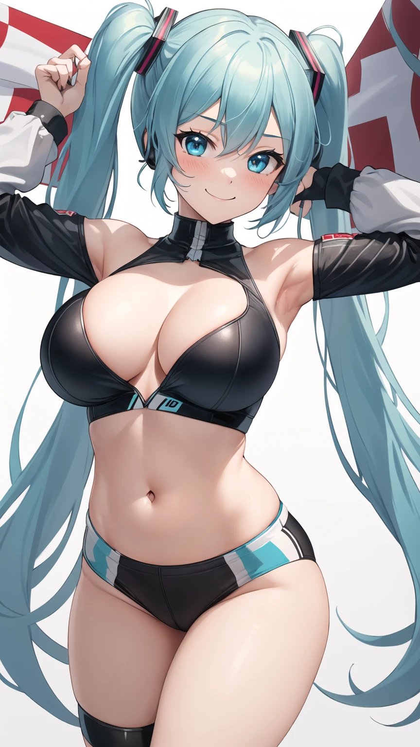 ((Tabletop, Highest quality, High resolution, Hmph, Pixel perfect, Depth of written boundary, 4K, )), One Girl, alone, , Beautiful Anime, Beautiful art style, close, View your viewers, Perfect body, Hatsune Miku・VOCALOID, Light blue hair, (Large Breasts), belly button, Blush all over face, smile, Thighs Thighs Thighs Thighs, Race Queen, White Background, Take the lead, Raise the checkered flag, Cowboy Shot, concentrated,