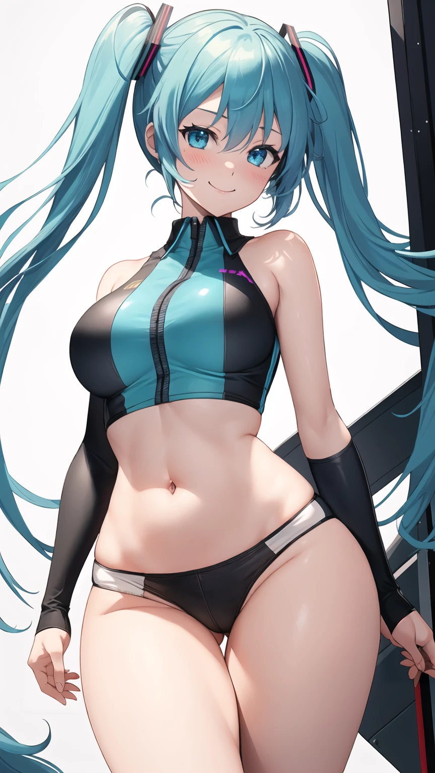 ((Tabletop, Highest quality, High resolution, Hmph, Pixel perfect, Depth of written boundary, 4K, )), One Girl, alone, , Beautiful Anime, Beautiful art style, close, View your viewers, Perfect body, Hatsune Miku・VOCALOID, Light blue hair, (Large Breasts), belly button, Blush all over face, smile, Thighs Thighs Thighs Thighs, Race Queen, White Background, Take the lead, Raise the checkered flag, Cowboy Shot, concentrated,