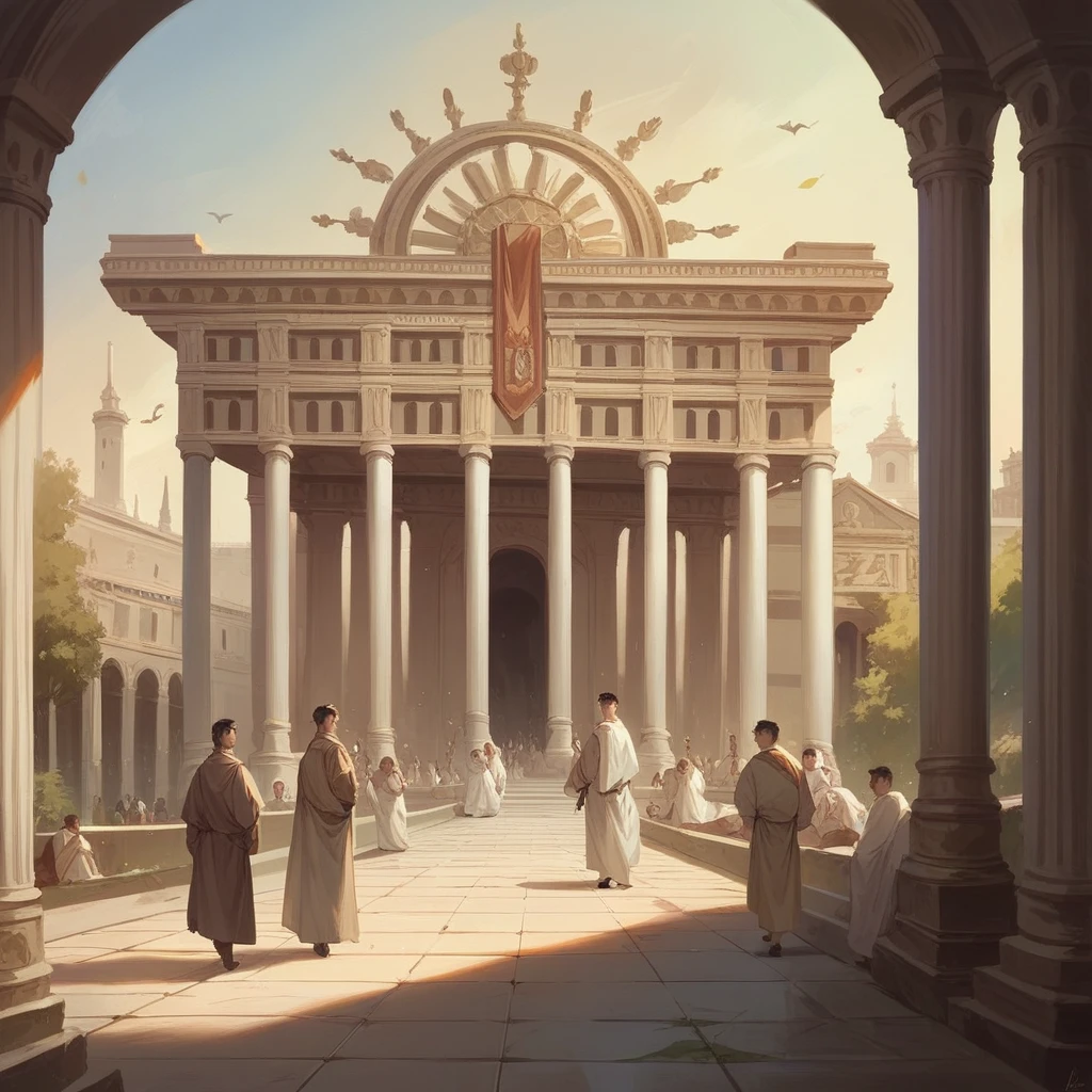 ancient Rome Roman Forum you can see palaces and temples and people in togas walking on the forum. high resolution 4k photo realism pastel colors.