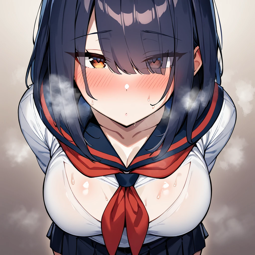 1girl,Solofocus,pov, Closed mouth,serafuku:1.5),red neckerchief,white blouse,pleated skirt,dark blue blouse,sexually suggestive,(Cleavage:1), Leaning forward(cowboyshot:1.5),(in heat:1.5),(Breasts),(heavy breathing:1.5),arms behind back,(Legs_apart),(shiny_skin),(eyes visible through hair:1.5),very sweaty,dark blue hair,(brown eyes),hair over eye,blush,(Heavy Breathing:1.3),(Steaming body:1),(straight-on),(light skin:1.5),masterpiece,best quality,very aesthetic,absurdres,medium hair,straight hair,(female:1),(curvy:1),(incoming kiss), facing_viewer