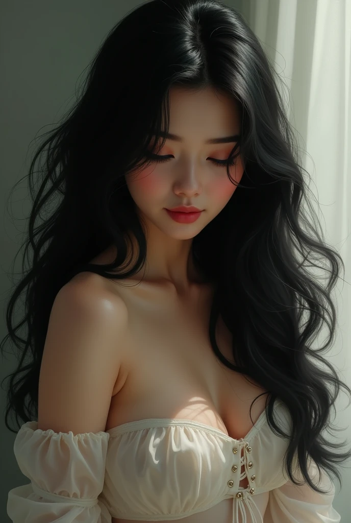 Best Quality、Masterpiece、Fleeting Black Hair、long hair、A woman in a strapless top is looking down