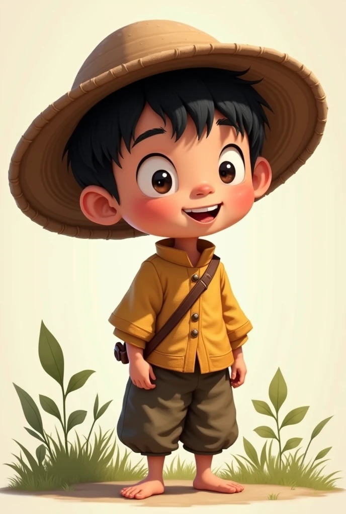 Create a detailed character design for a comical rural kampung boy named Oyen. He should have an exaggeratedly friendly face, traditional rural clothing, and a curious expression. Include elements that highlight his rural background, such as a large hat and simple attire