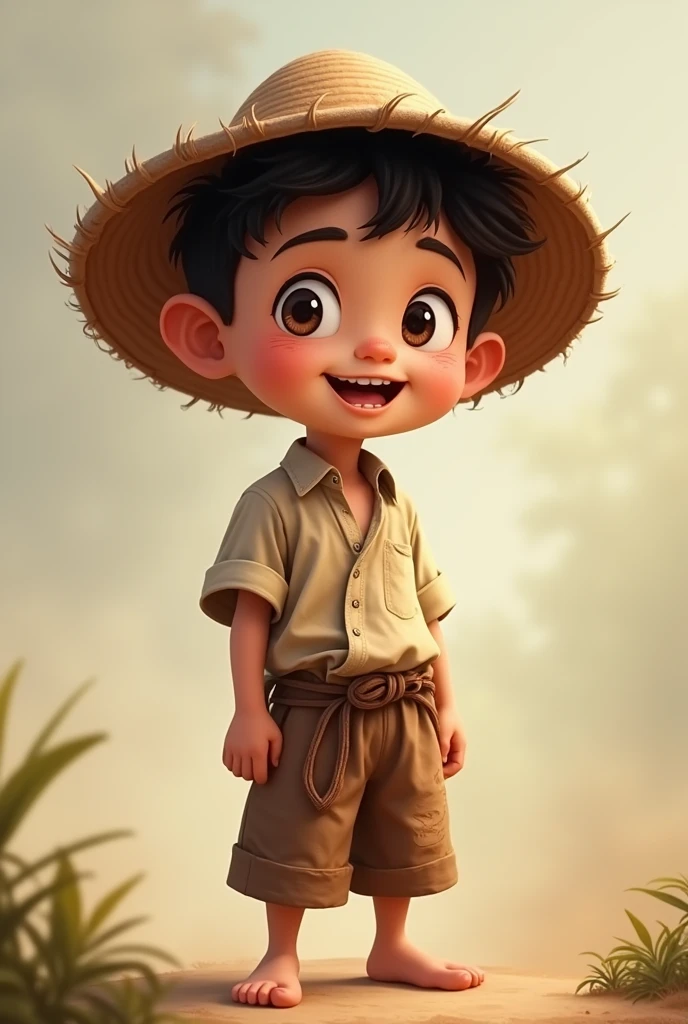 Create a detailed character design for a comical rural kampung boy named Oyen. He should have an exaggeratedly friendly face, traditional rural clothing, and a curious expression. Include elements that highlight his rural background, such as a large hat and simple attire