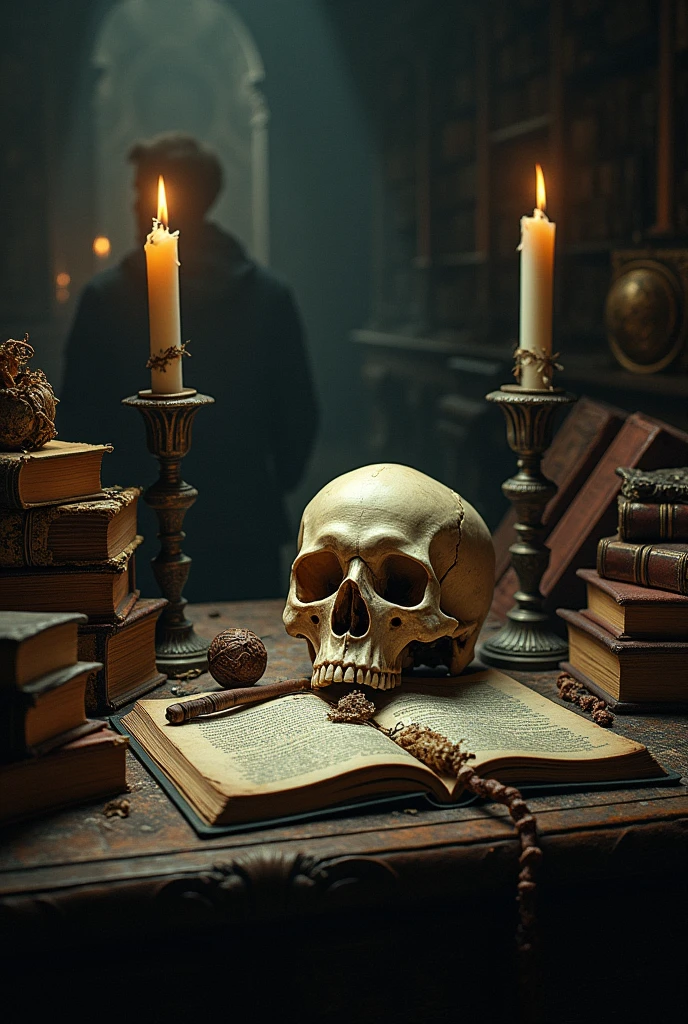 Skull on a desk, with books and candles and a man