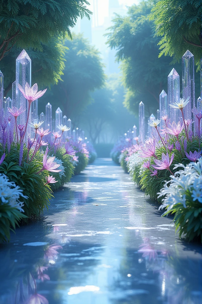 No fundo, There's a beautiful garden with crystal flowers, almost diamond-textured, and a crystalline floor reflecting light., There is