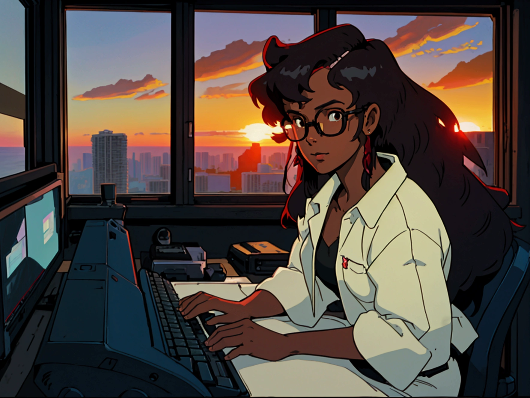 cowboy bebop, black female character, dark skinned, black girl, 20, long hair, brown eyes, blue light, wearing Ralph lauren, typing at a computer, red glasses, programmer, gamer, panoramic window view of miami, sunset, luxury decor