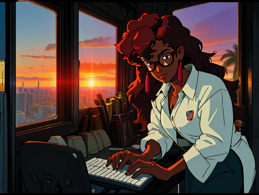 cowboy bebop, black female character, dark skinned, black girl, 20, long hair, brown eyes, blue light, wearing Ralph lauren, typing at a computer, red glasses, programmer, gamer, panoramic window view of miami, sunset, luxury decor