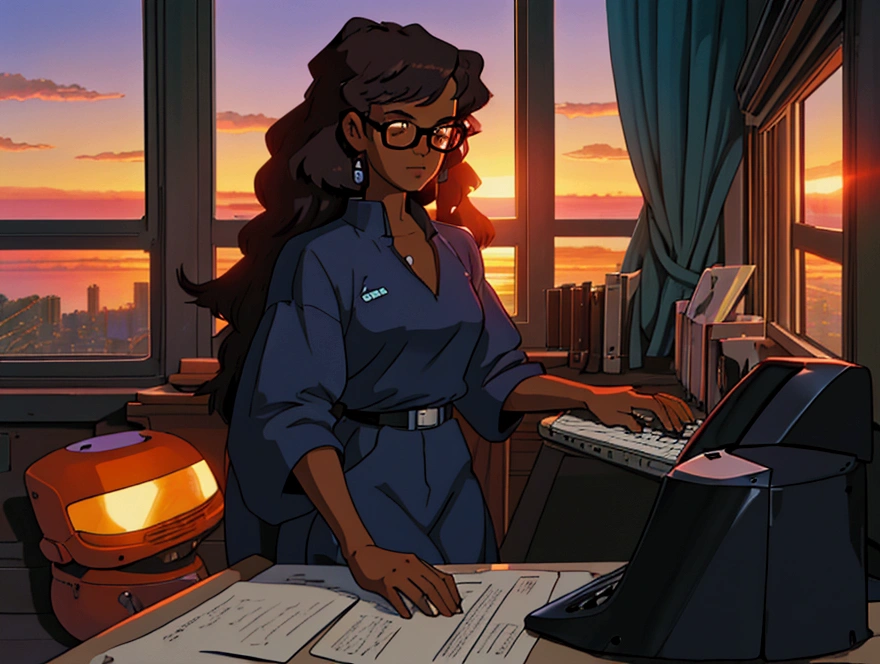 cowboy bebop, black female character, dark skinned, black girl, 20, long hair, brown eyes, blue light, wearing Ralph lauren, typing at a computer, red glasses, programmer, gamer, panoramic window view of miami, sunset, luxury decor
