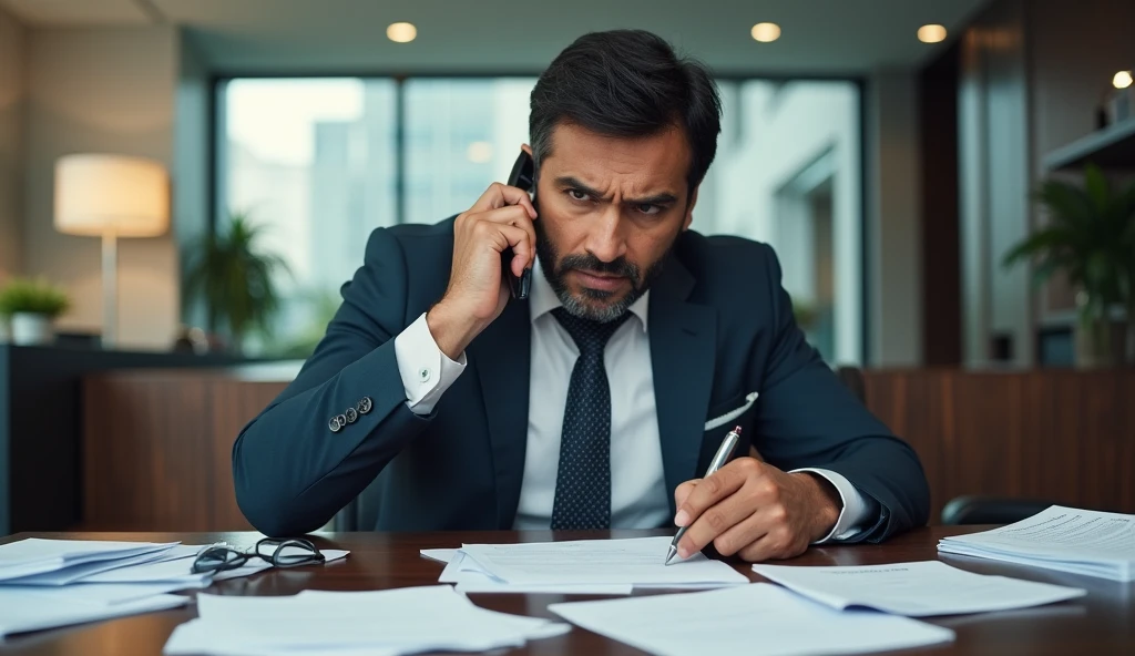 Rajesh is seen in a luxurious office, talking on the phone with excitement while signing documents hastily. The office is modern and stylish, but there is a sense of chaos with papers scattered around. Rajesh’s expression shows confidence, but also a hint of impatience.