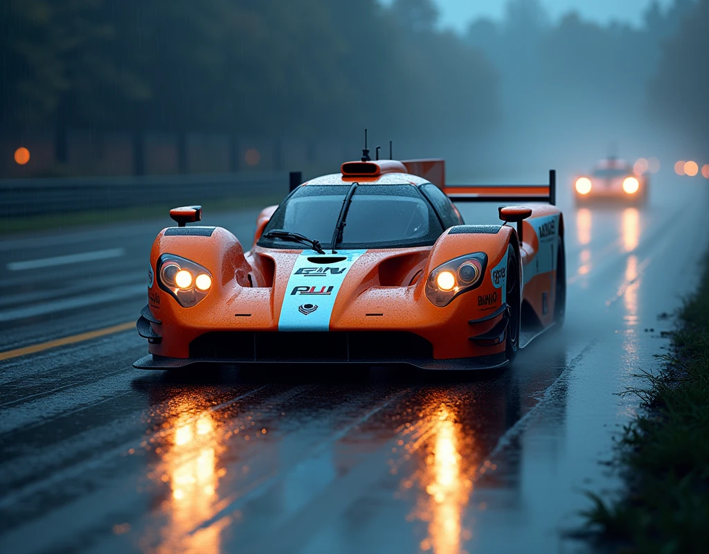A modern racing car, sleek and vibrant, positioned on a wet road as if in motion, speed emphasized by headlights' streaks of light. The ambient lighting highlights the car's contours. In the background, subtle suggestions of an ongoing race or nighttime drive blur into darkness. The focus is solely on the vehicle, its design, and surroundings, with no people visible.