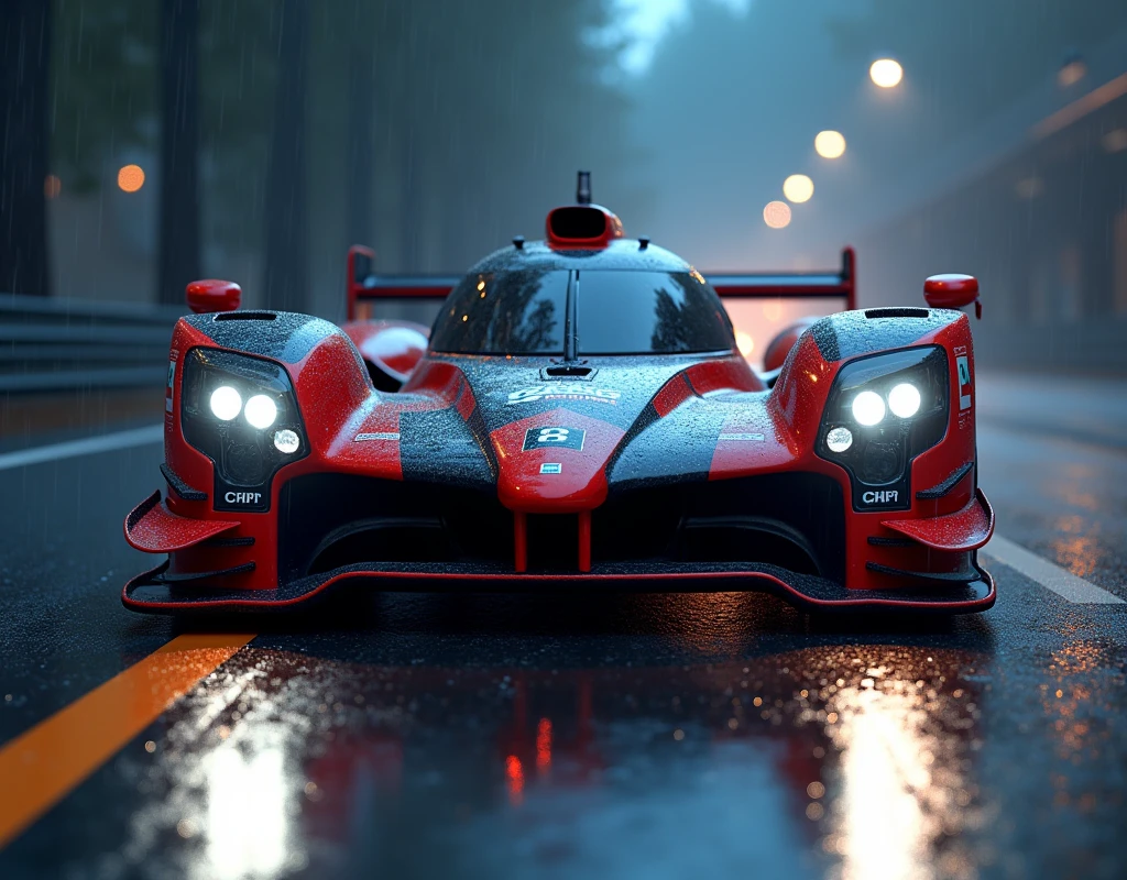 A modern racing car, sleek and vibrant, positioned on a wet road as if in motion, speed emphasized by headlights' streaks of light. The ambient lighting highlights the car's contours. In the background, subtle suggestions of an ongoing race or nighttime drive blur into darkness. The focus is solely on the vehicle, its design, and surroundings, with no people visible.