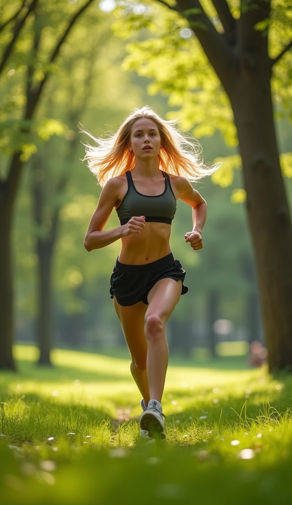 blonde young woman [running in the park in spring] at [prk on sunny day], professional color grading, soft shadows, no contrast, highly detailed, clean sharp focus, digital photography