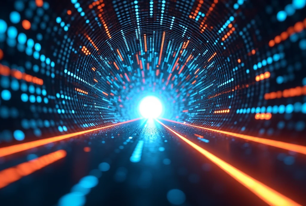 "Create a digital illustration of a futuristic data tunnel. The tunnel should be cylindrical, extending from the foreground to a vanishing point in the center of the image. Use a contrasting color scheme of cool blue and warm orange. The blue should appear as scattered dots and lines throughout the tunnel, representing digital data, while orange highlights the edges and the distant end of the tunnel. 

The perspective should be first-person, as if the viewer is traveling through the tunnel. Emphasize the sense of speed and motion with streaks of light moving towards the vanishing point. The tunnel's circular shape should be apparent, with curved edges creating a sense of enclosure.

Position the tunnel along the central axis of the image for symmetry. Layer multiple levels of light and data points to create depth. The end of the tunnel should appear to extend infinitely, suggesting the boundless nature of the digital realm.

Enhance the sense of rapid movement and high-speed data transmission through the positioning of light streaks and data points. The overall composition should convey the concept of high-speed digital communication and futuristic technology."
