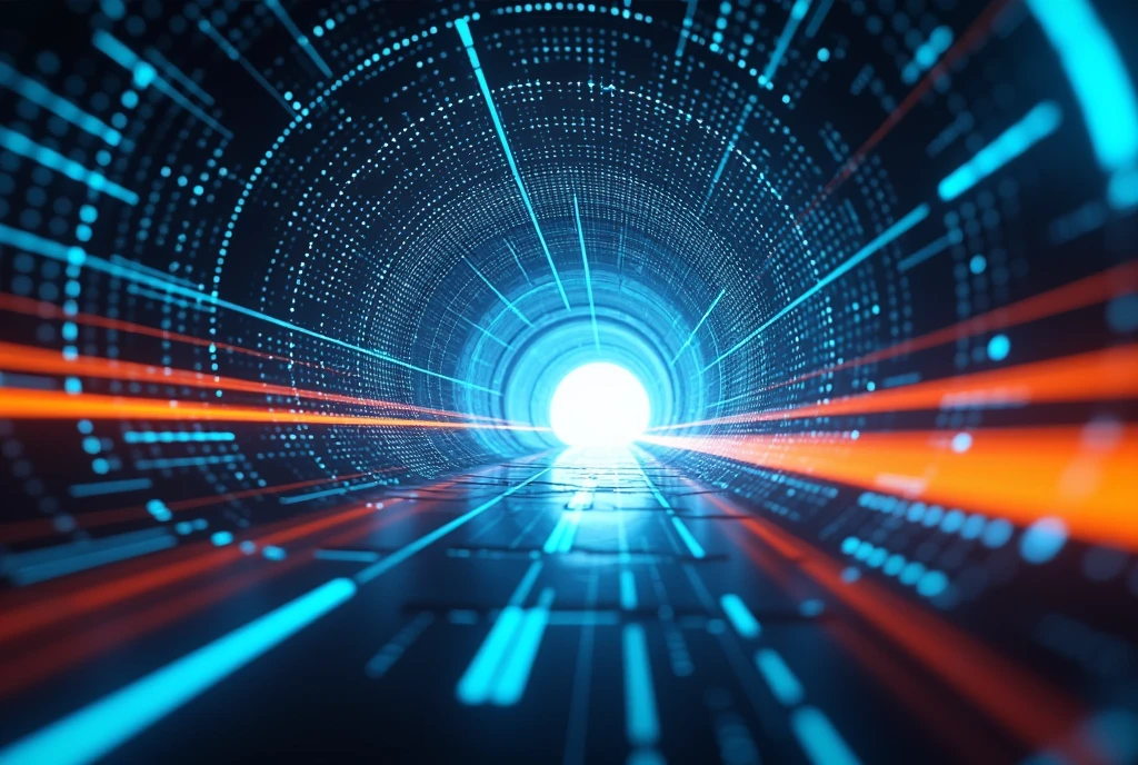 "Create a digital illustration of a futuristic data tunnel. The tunnel should be cylindrical, extending from the foreground to a vanishing point in the center of the image. Use a contrasting color scheme of cool blue and warm orange. The blue should appear as scattered dots and lines throughout the tunnel, representing digital data, while orange highlights the edges and the distant end of the tunnel.
The perspective should be first-person, as if the viewer is traveling through the tunnel. Emphasize the sense of speed and motion with streaks of light moving towards the vanishing point. The tunnel's circular shape should be apparent, with curved edges creating a sense of enclosure.
Position the tunnel along the central axis of the image for symmetry. Layer multiple levels of light and data points to create depth. The end of the tunnel should appear to extend infinitely, suggesting the boundless nature of the digital realm.
Enhance the sense of rapid movement and high-speed data transmission through the positioning of light streaks and data points. The overall composition should convey the concept of high-speed digital communication and futuristic technology."