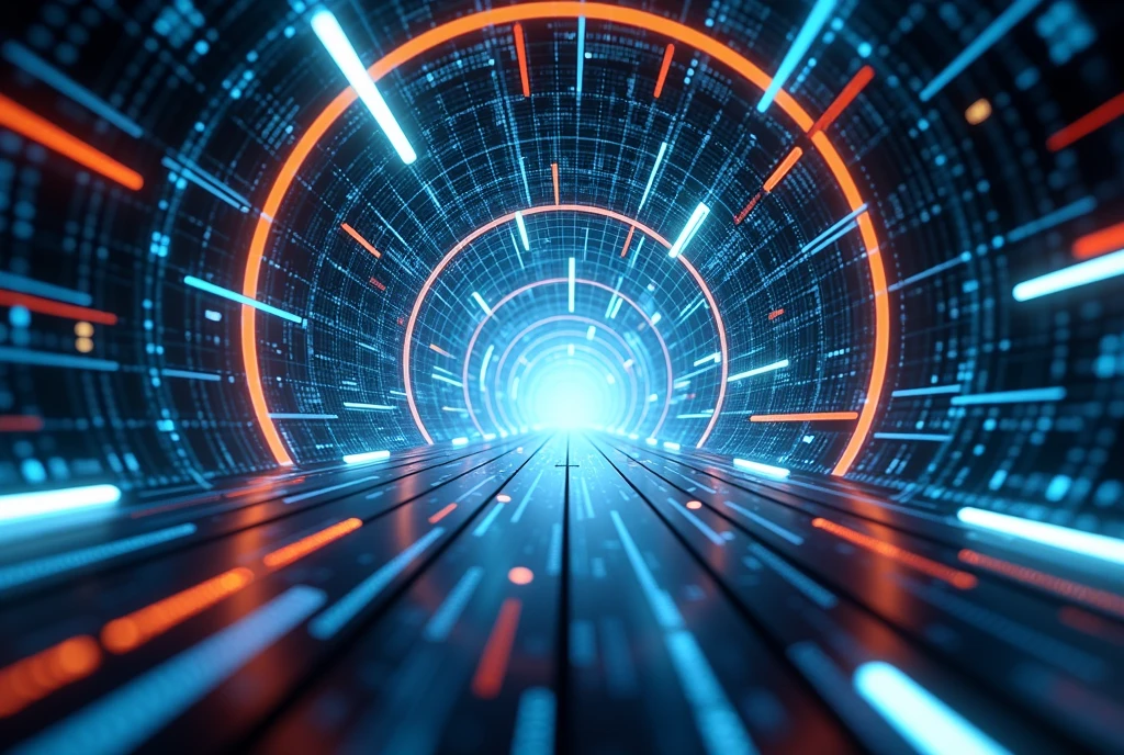 "Create a digital illustration of a futuristic data tunnel. The tunnel should be cylindrical, extending from the foreground to a vanishing point in the center of the image. Use a contrasting color scheme of cool blue and warm orange. The blue should appear as scattered dots and lines throughout the tunnel, representing digital data, while orange highlights the edges and the distant end of the tunnel.
The perspective should be first-person, as if the viewer is traveling through the tunnel. Emphasize the sense of speed and motion with streaks of light moving towards the vanishing point. The tunnel's circular shape should be apparent, with curved edges creating a sense of enclosure.
Position the tunnel along the central axis of the image for symmetry. Layer multiple levels of light and data points to create depth. The end of the tunnel should appear to extend infinitely, suggesting the boundless nature of the digital realm.
Enhance the sense of rapid movement and high-speed data transmission through the positioning of light streaks and data points. The overall composition should convey the concept of high-speed digital communication and futuristic technology."