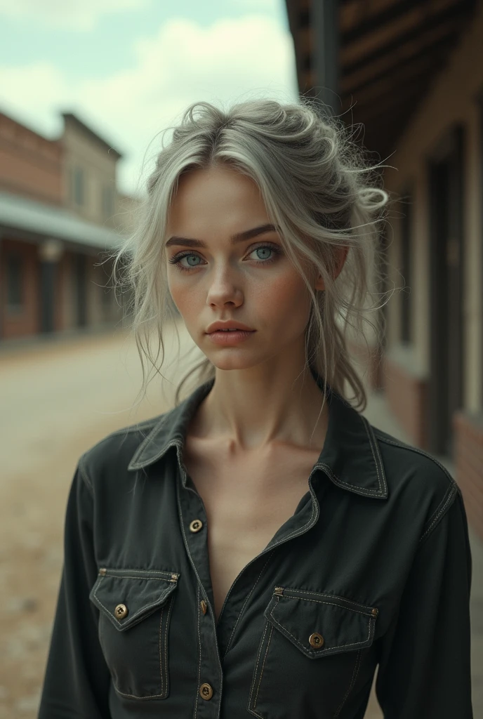 Old photo style image of a young pale woman with light gray messy hair, light blue eyes and pale lips, dressed in a dark cowboy shirt. The setting is USA, 1900s, the background is an old town of that era. Yellow filter