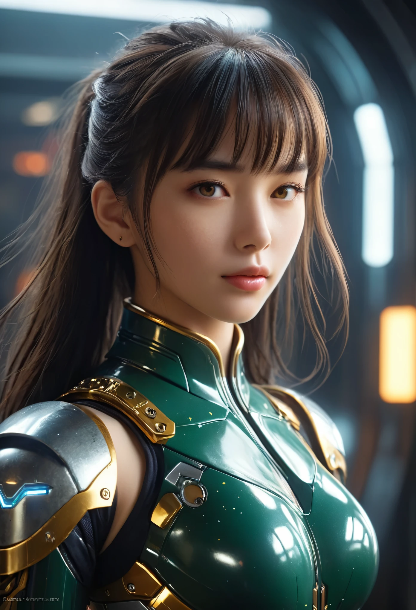 (Best Quality, 4K, 8K, High Resolution, Masterpiece: 1.2), (Super Detailed, Realistic, Photorealistic:1.37), A woman in futuristic clothing, Trending on cgstation, Trending on cgstation, (Portrait of a girl in the Knights of the Zodiac:1.4), blunt bangs, Cute Cyborg Girl, Perfect android girl, Portrait Astronaut Girl, Beautiful girl cyborg, (Girl wearing dark green and jet black mechanical cyber armor:1.3), Game CG, cgsociety and fenghua zhong, Beautiful Cyborg Shrine Maiden, Bioluminescence, (Yua Yaiba:0.5), (Golden eyes:1.5), Anatomically correct grip, (Sharp and long claws:1.4), erotic and sexy, 