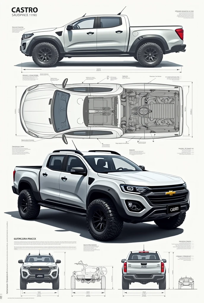 Create a new pickup truck model that is not identical to other brands.,  with the CASTRO brand at the forefront, a imagem deve ser em forma de blueprint