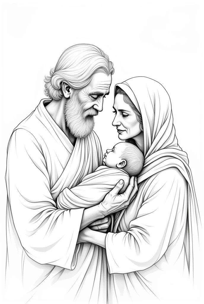 Very old Abraham and Sara holding a new born baby. line drawing style