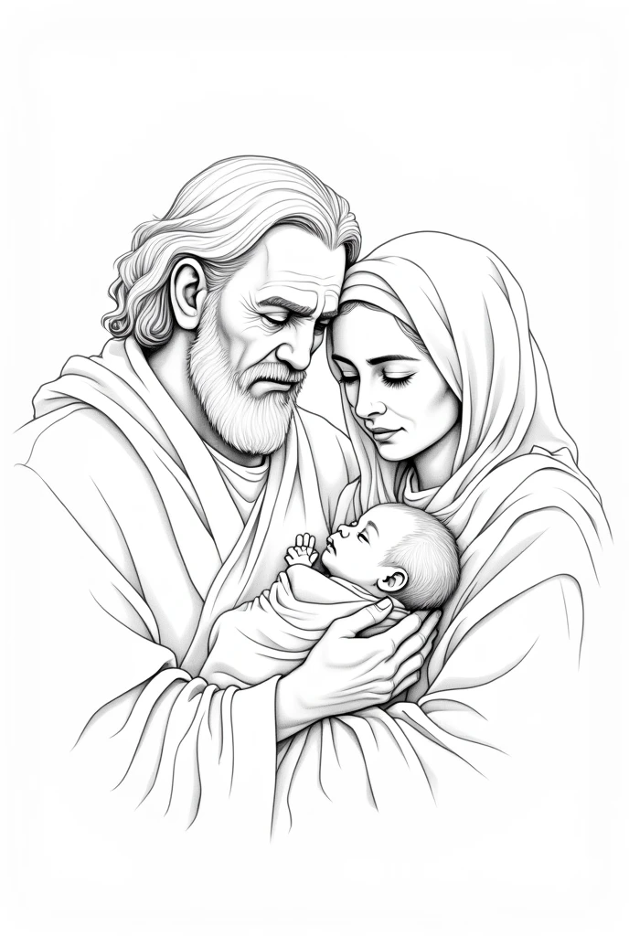 Very old Abraham and Sara holding a new born baby. line drawing style